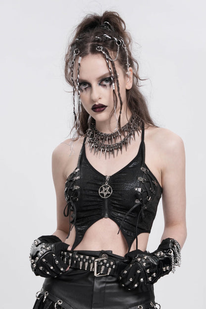 Black Sleeveless Stitching Irregular Mesh Women's Punk Tank Top