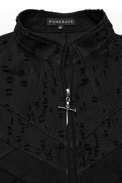 Black Stand Collar Sleeveless Cross Distressed Embroidery Men's Gothic Long Vest