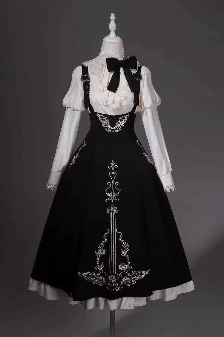 Black/White [Violin Variations] Ruffled Embroidered Gothic Lolita Jumper Dress Set