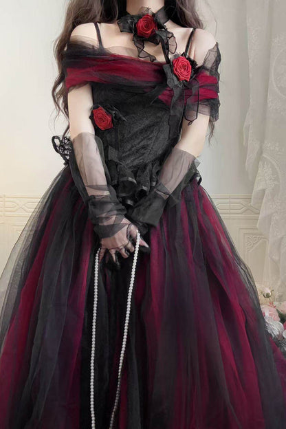 Black/Red [Sanglin’s Tribute] Off Shoulder Ruffled Gothic Lolita Dress