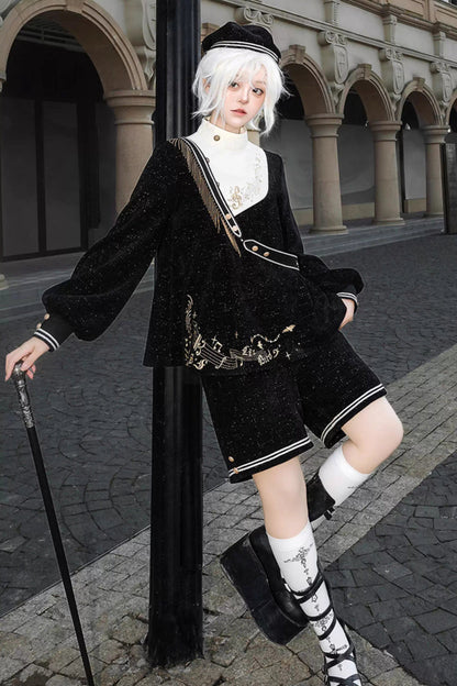 Black [Song Of Tomorrow] Long Sleeves Embroidery Asymmetric Gothic College Style Ouji Lolita Full Set