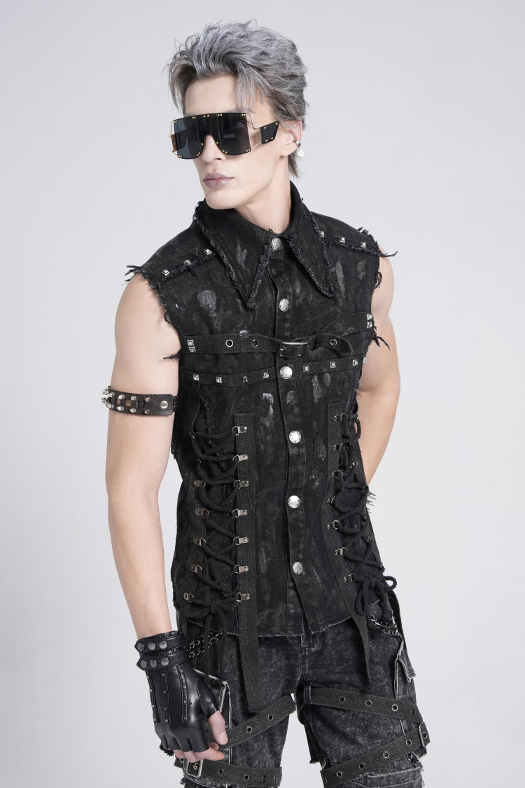 Black Sleeveless Studded Lace-Up Men's Gothic Distressed Vest