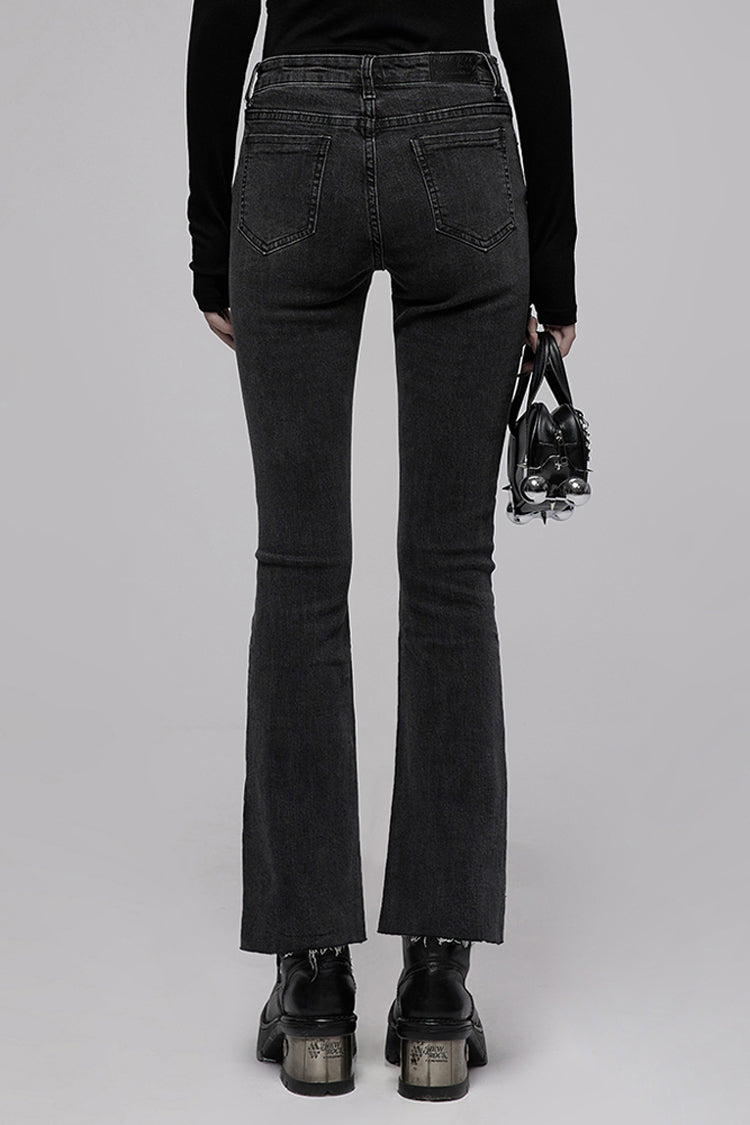 Black Tight Elastic Distressed Denim Asymmetrical Placket Medium Waist Women's Punk Flared Pants