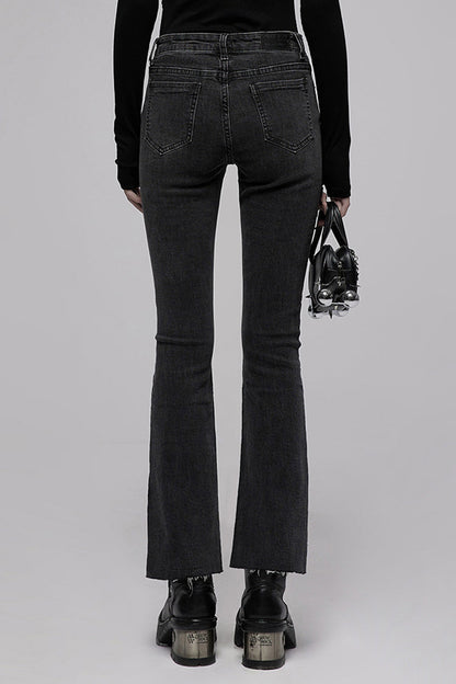 Black Tight Elastic Distressed Denim Asymmetrical Placket Medium Waist Women's Punk Flared Pants