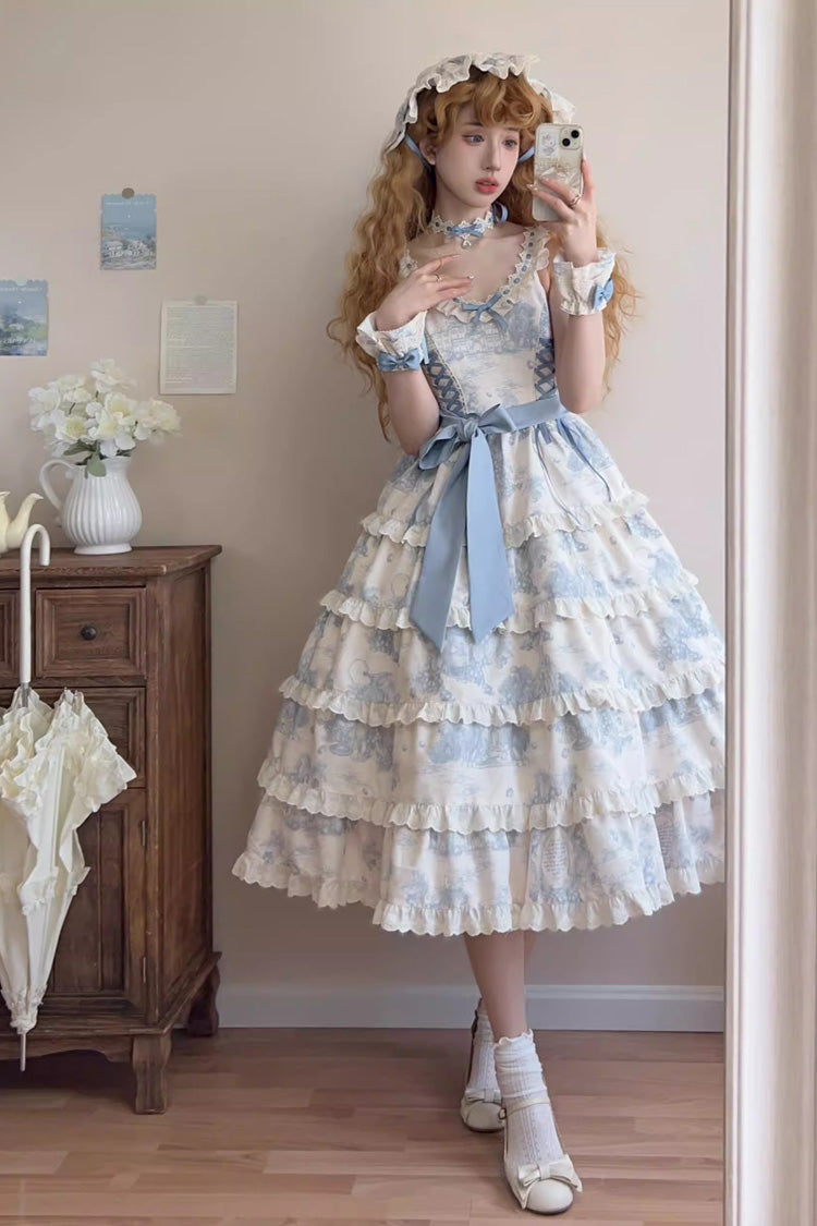 Blue [Grape Moon Almanac] Sleeveless Multi-Layered Printed Ruffled Bow Adjustable-Length Sweet Lolita Jsk Dress