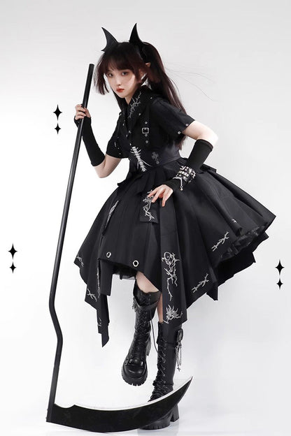 Black Travelling Thorns Short Sleeves Print Gothic Elegant Lolita Dress