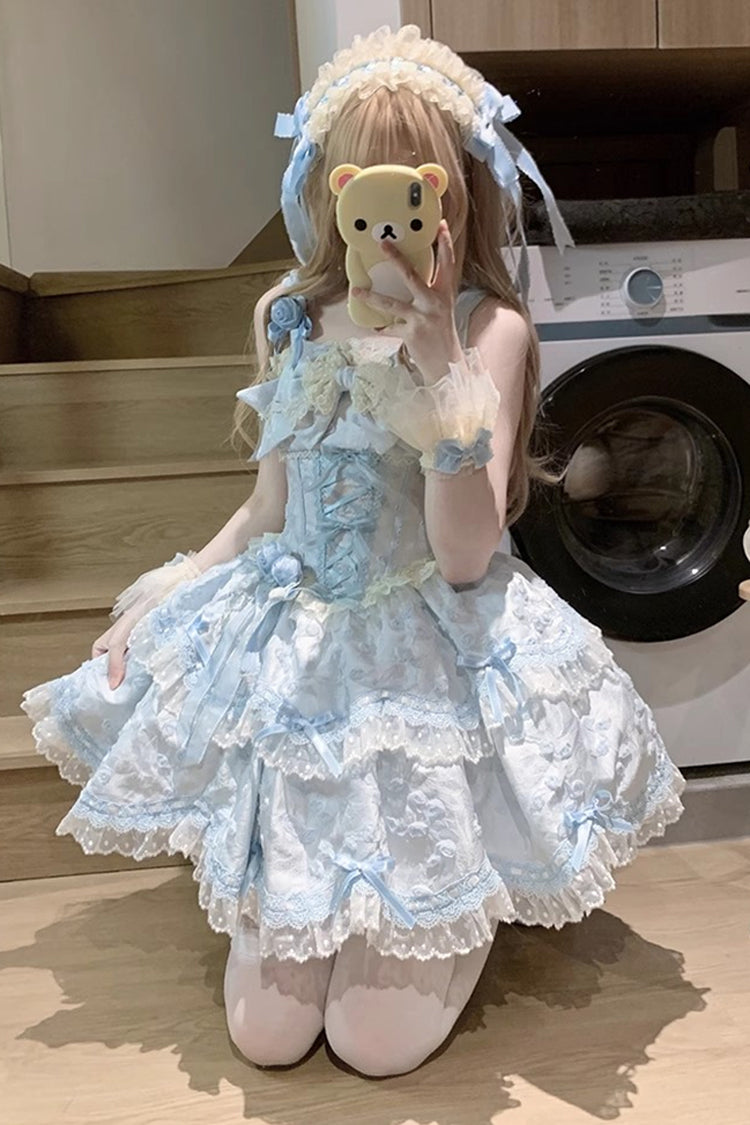 Blue [Floral Overture] Double-Layered Ruffle Embroidery Bowknot Lace Sweet Lolita Jsk Dress