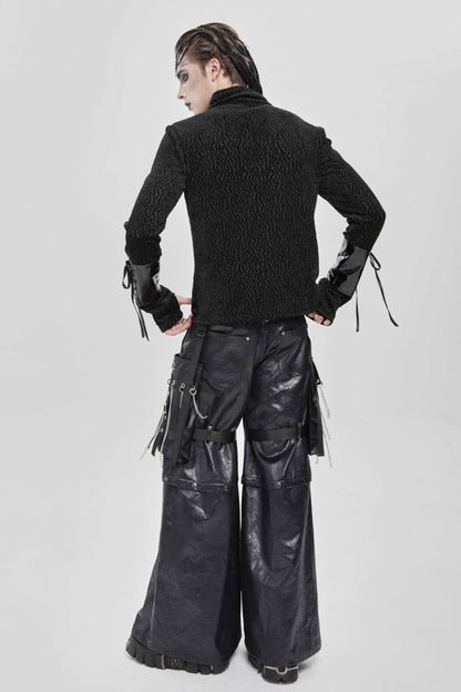 Black Stand Collar Long Sleeves Faux Leather Stitching Chain Eyelet Men's Punk Blouse