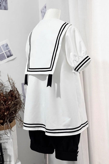 Black/White [Old Stories] Navy Collar Short Sleeves Bowknot Ouji Gothic Lolita Blouse Shorts Set