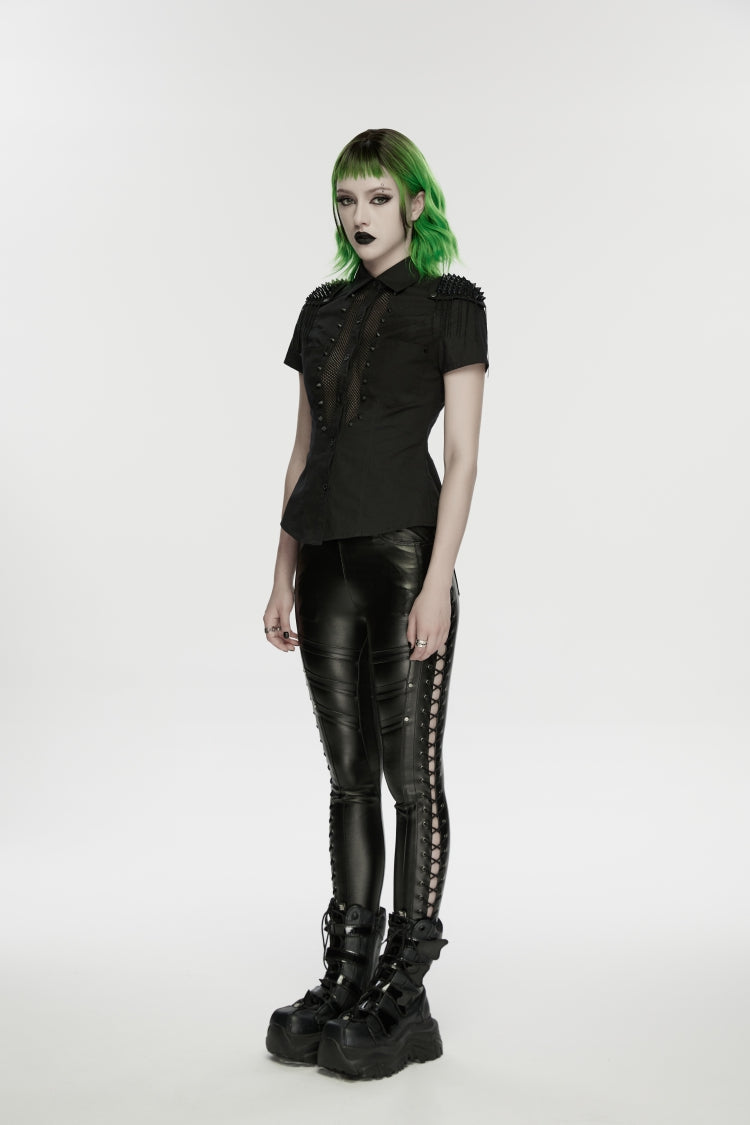 Black Studded Women's Punk  Drawstring Leggings