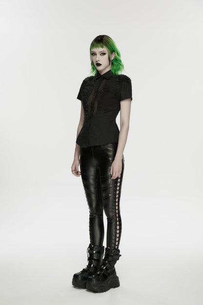 Black Studded Women's Punk  Drawstring Leggings