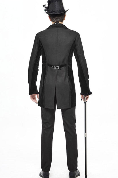 Black Retro Velveteen Front Floral Webbing Metal Button Weft Swallowtail Men's Gothic Coat
