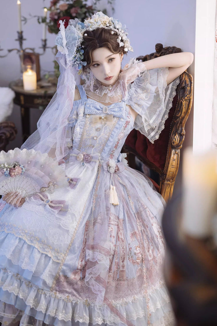 Blue [Moonlight Melody] Off Shoulder Sleeveless Multi-Layered Hanayome Open-Front Bow Lace Sweet Gorgeous Lolita Jsk Dress Set