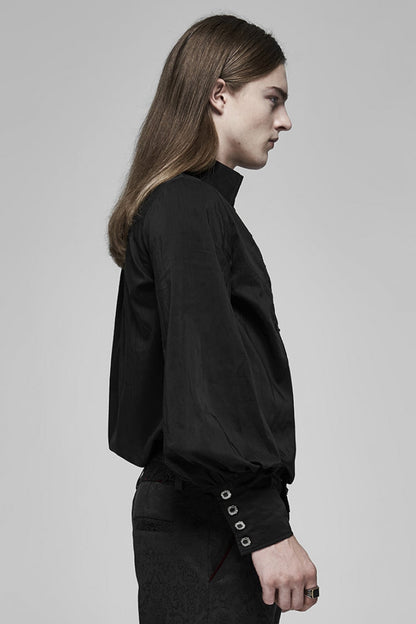 Black V Collar Long Puff Sleeves Hollow Lace-Up Mens Gothic Blouse