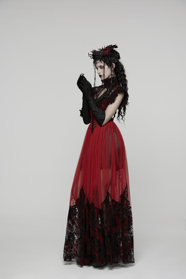 Black/Red Stand Collar Sleeveless Printed Hanayome Lace Lace-Up Women's Gothic Elegant Dress Wedding Dress