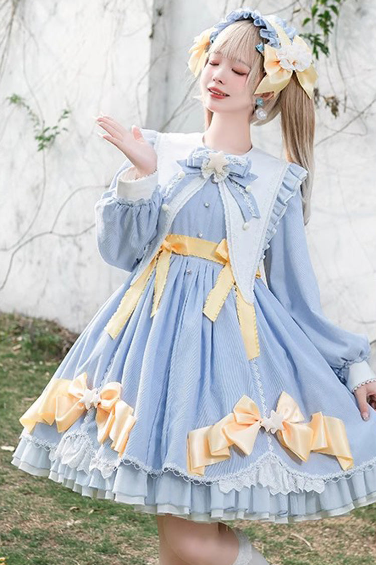 Blue Sleeping Star Long Sleeves Ruffle Bowknot Lace Stitching Sweet Lolita Dress