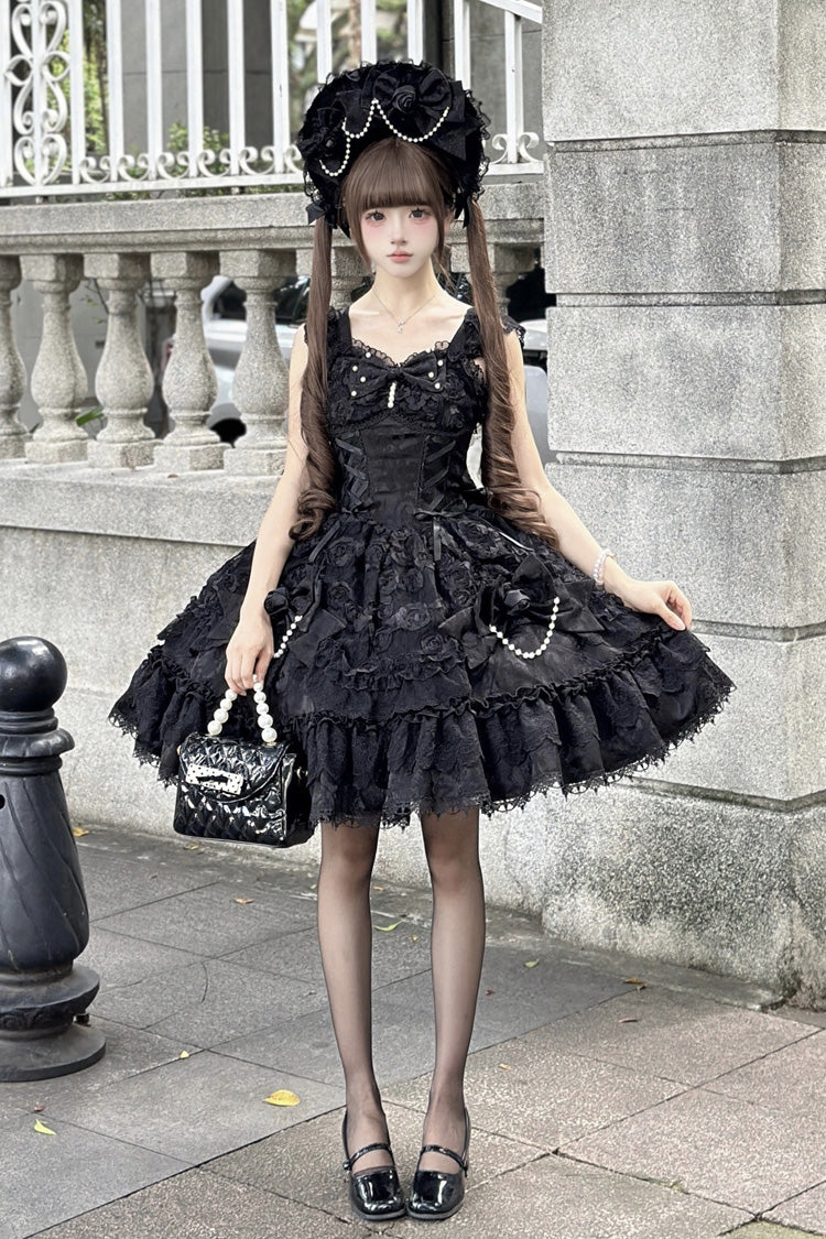 Black [Rose Princess] Sleeveless Ruffle Bowknot Lace Lace-Up Gothic Ballet Lolita Jsk Dress