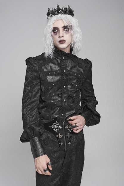 Black Stand Collar Long Lantern Sleeves Floral Print Embroidery Men's Gothic Blouse