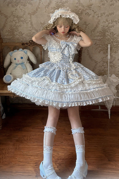 Blue [Tea Break Sweetheart] Short Sleeves Multi-Layered Plaid Print Ruffle Sweet Lolita Dress