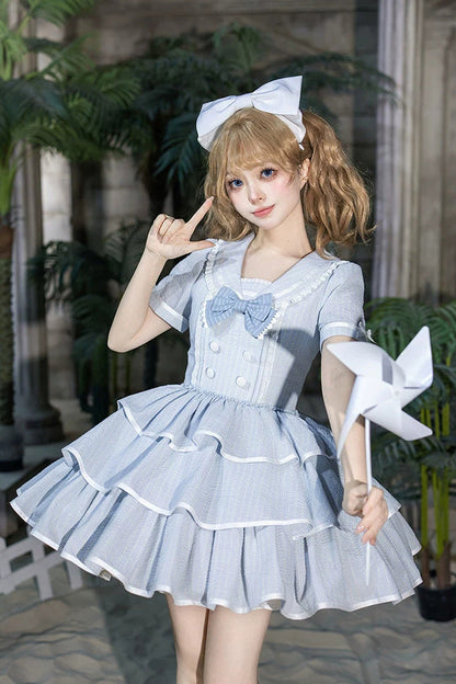Blue [Seven Day Bell] Navy Collar Short Sleeves Printed Ruffled Bow Sweet Lolita Dress 2 Versions