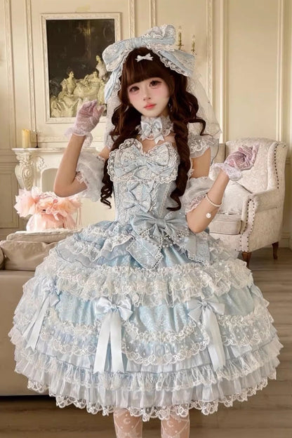Blue [Dream of the Misty Moon] Sleeveless Multi-Layered Ruffled Bow Lace Pearl-Decorated Sweet Princess Lolita Jsk Dress