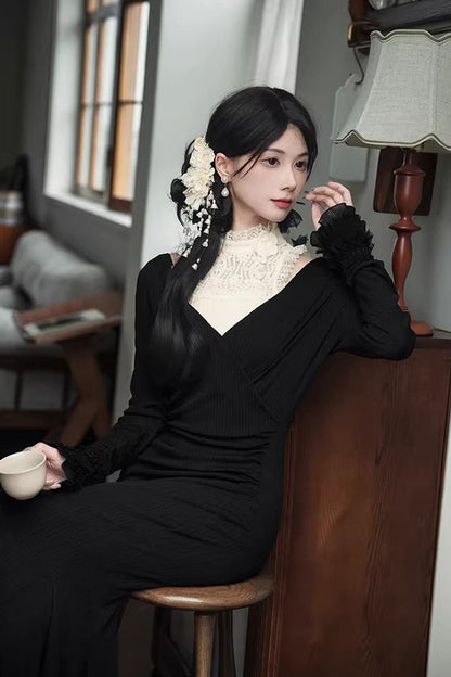 Black [Secret Crush] Long Sleeves Stretch Knit Slim Gothic Lolita Fishtail Dress