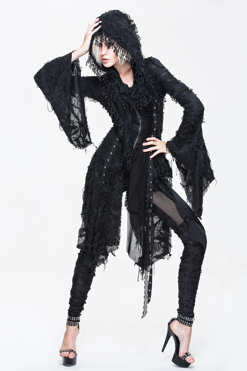 Black Ragged Horn Sleeves Womens Punk Long Coat