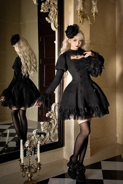 Black [Midnight Whisper] Double-breasted Short Sleeves Hollow Gothic Lolita Dress