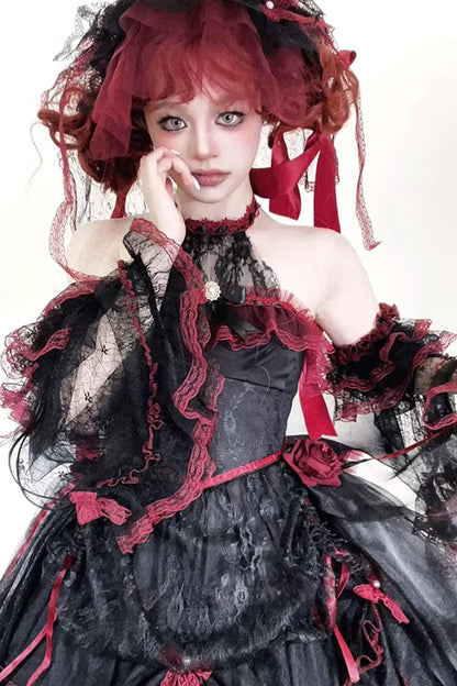 Black/Red [Layered Poem] Halterneck Sleeveless Multi-Layered Jacquard Hanayome Bow Lace Gothic Lolita Dress