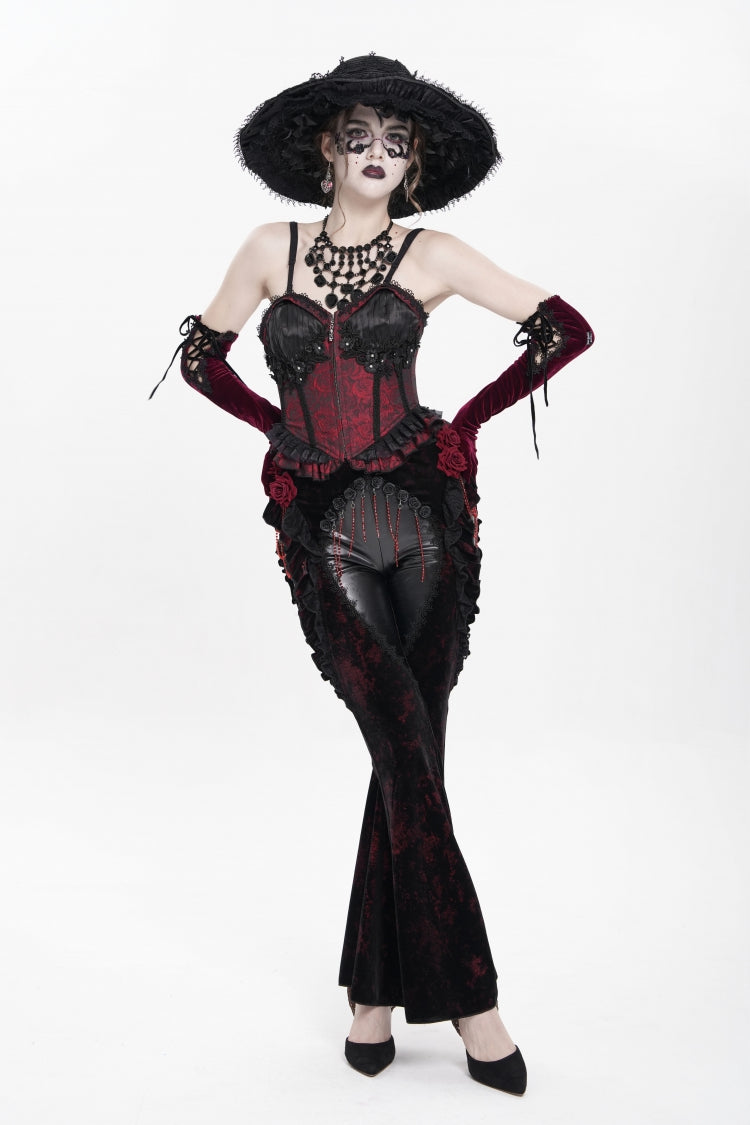 Black/Red  Ruffled Spliced Women's Gothic Floral Faux Leather&Velvet Ruffle Pants