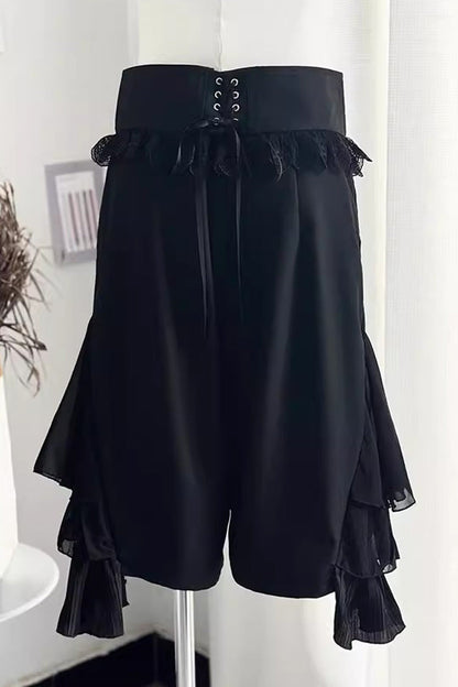 Black [Eternal City] Long Sleeves Lace Gothic Prince Medieval Ouji Lolita Blouse Knee-Length Shorts Set