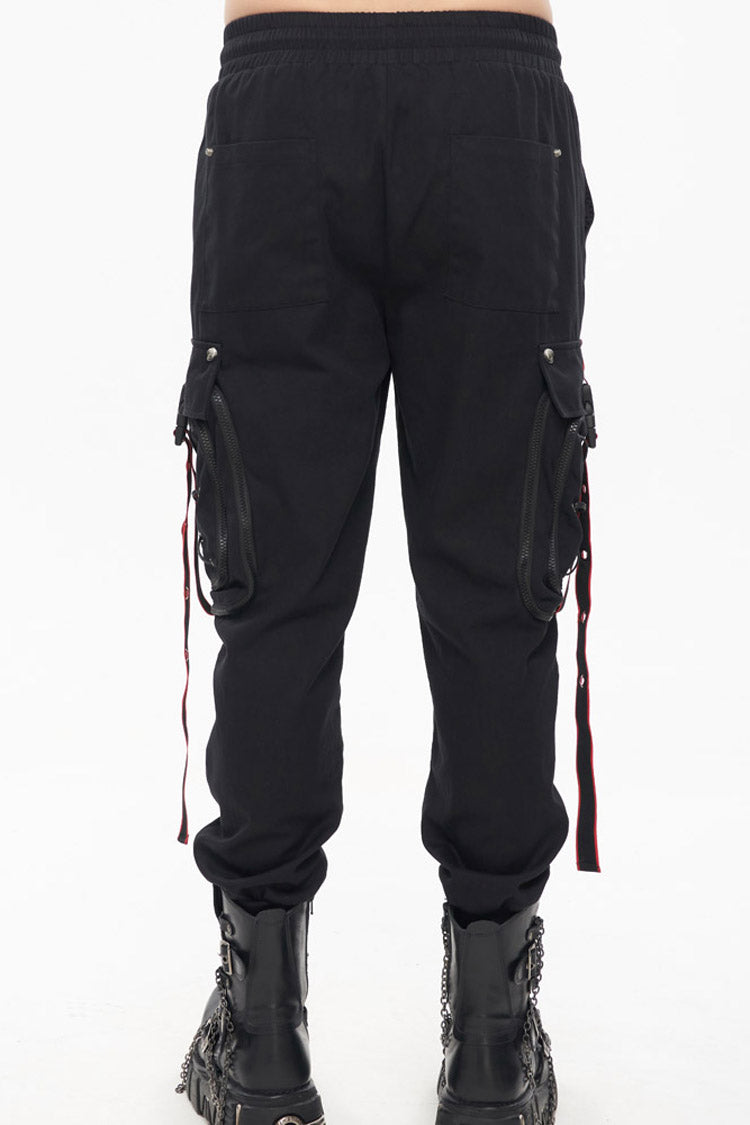 Black Punk Multi Pocket Webbing Decorative Drawstring Men's Long Pants
