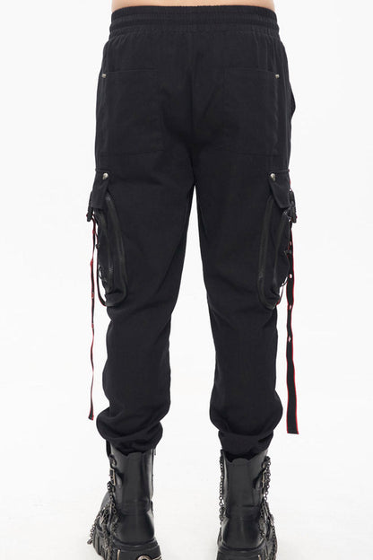 Black Punk Multi Pocket Webbing Decorative Drawstring Men's Long Pants