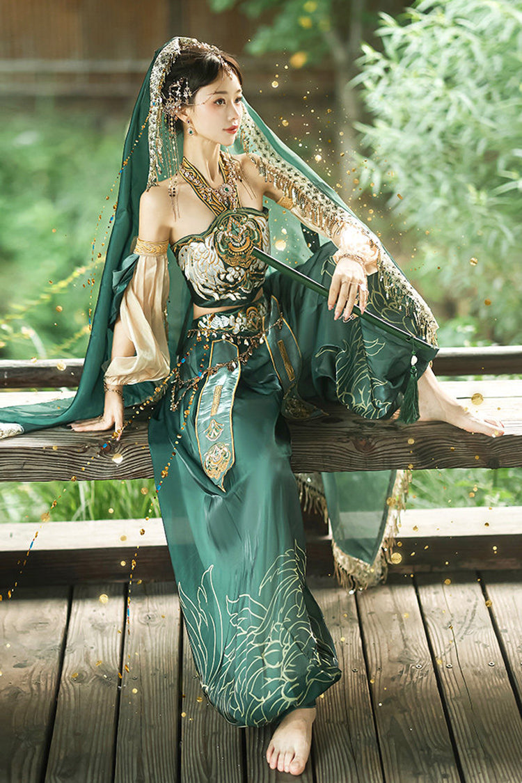 Green [Princess Of The Guo Huang Flying Apsaras] Halterneck High Waisted Printed Embroidered Women's Gorgeous Hanfu Pants Set