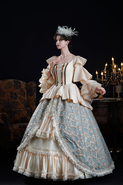 Blue/Champagne Half Trumpet Sleeves Ruffle Embroidery Cardigan Lace Classic Princess Palace Lolita Victorian Dress
