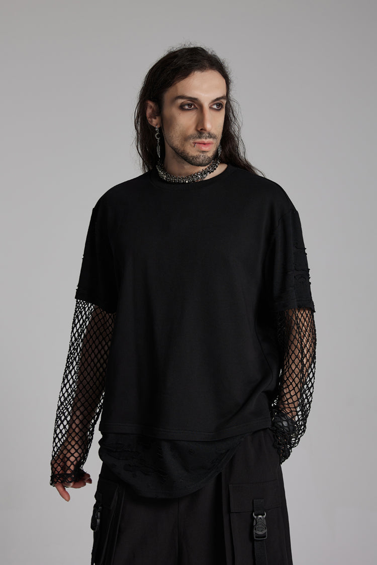 Black Round Collar Long Sleeves Mesh Ripped Men's Punk T-Shirt