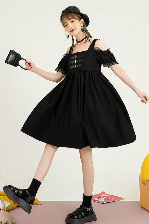 Black Puff Short Sleeve High Waisted Two Ways To Wear Before And After Sweet Lolita Dress