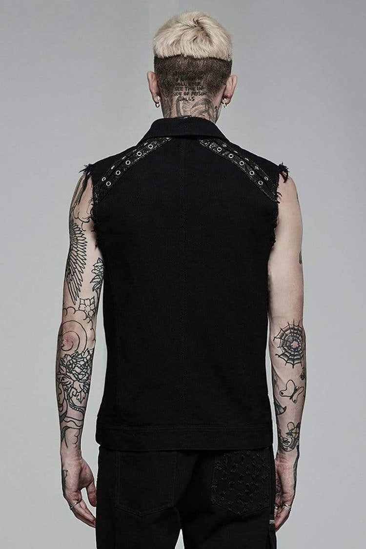 Black Punk Elastic Twill Fabric Featured Flap Pocket Metal Accessories Sleeveless Men's Vest