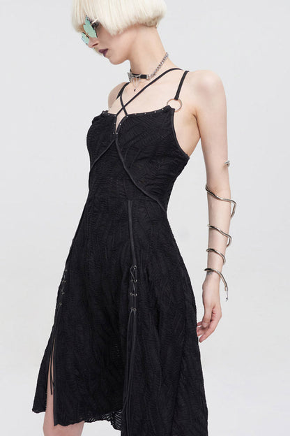 Black Punk Suspenders Slit Hem Wave Stretch Fabrics Women's Dress