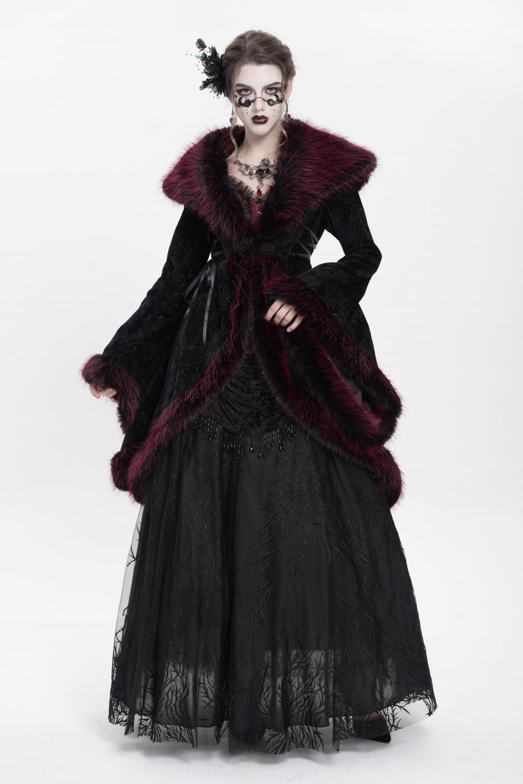 Red Long Sleeves Floral Embroidery Women's Gothic Fluffy Coat