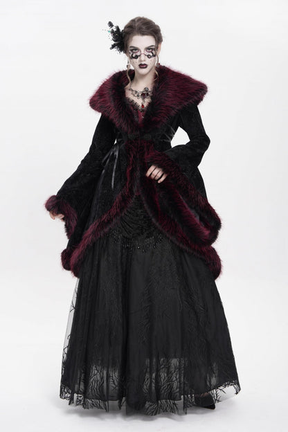 Red Long Sleeves Floral Embroidery Women's Gothic Fluffy Coat