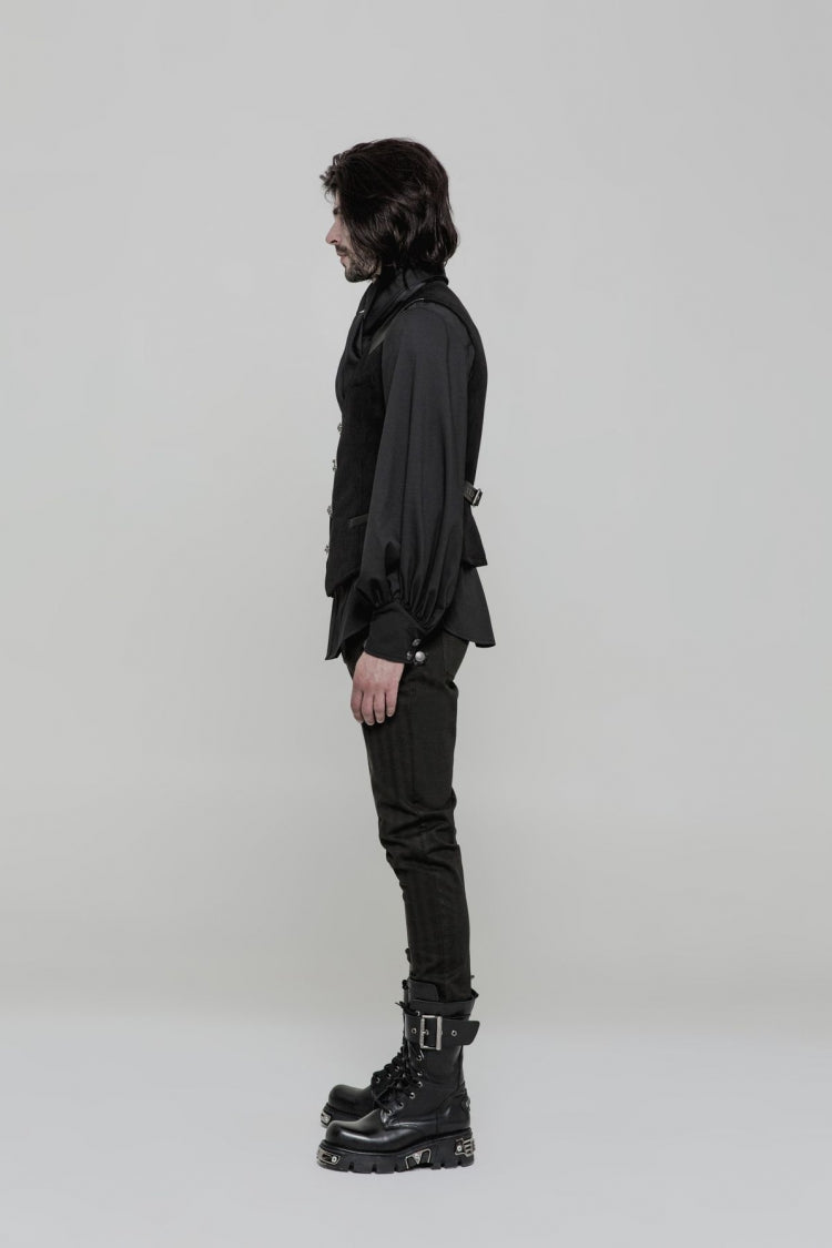 Black Sleeveless Print Stitching Metal Button Mens Steampunk Vest