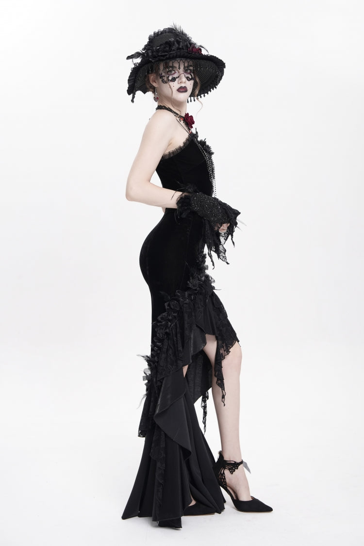 Black Sleeveless Cross Ruffled Floral Embroidered Chain-Decorated Women's Gothic Long Slip Dress