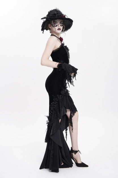 Black Sleeveless Cross Ruffled Floral Embroidered Chain-Decorated Women's Gothic Long Slip Dress