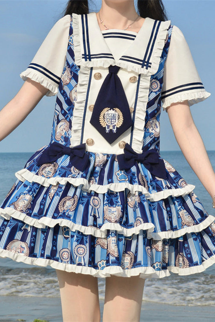 Blue [Glory of the Dog] Navy Collar Short Sleeves Low Waisted Triple-Layered Printed Ruffled Bow Sweet Lolita Dress