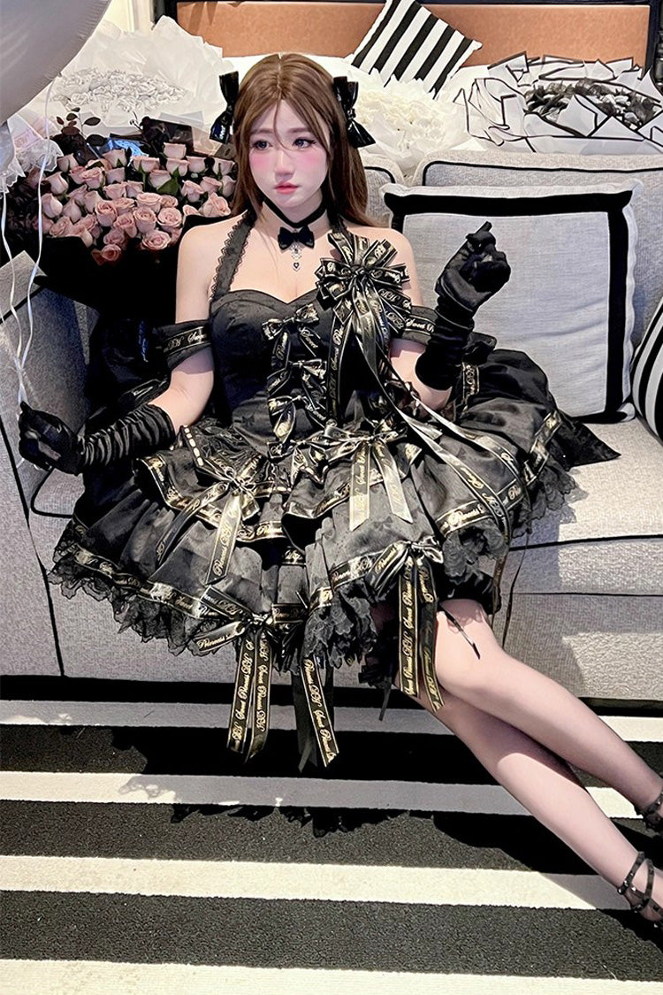 Black [Young Lady] Halterneck Sleeveless Multi-Layered Ruffle Bowknot Elegant Princess Gothic Lolita Dress