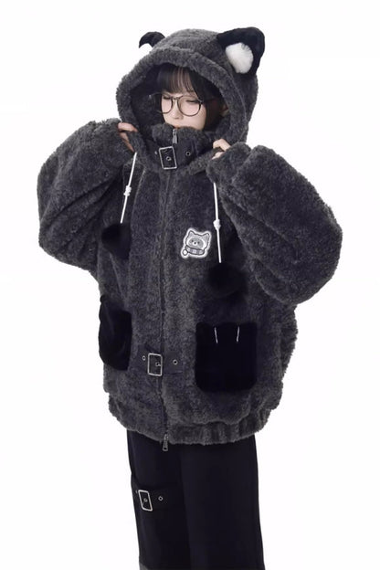 Black/Grey [Little Hibernating Bear] Long Sleeves Hooded Zippered Sweet Lolita Coat and Pants Set
