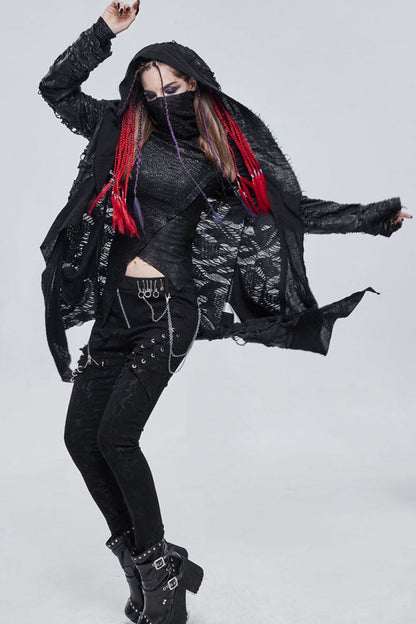 Black Punk Diablo Hole Design Cross Shape Stitching Transparent Mesh Metal Decoration Knitted Women's Coat