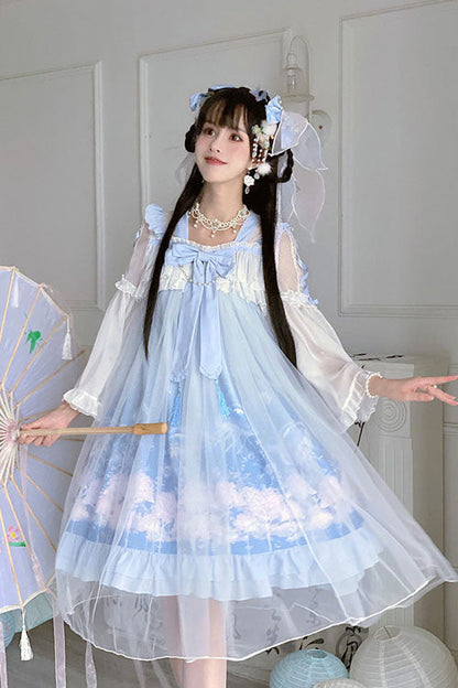 Blue Marine Jellyfish Print Bowknot Long Sleeves Ruffled Chinese Style Sweet Lolita Dress