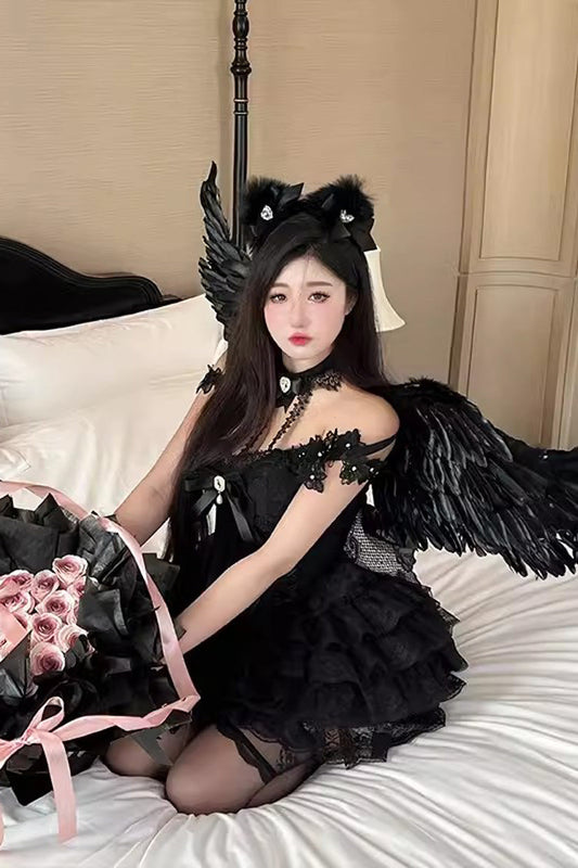 Black Multi-layer Ruffle Hanayome Bowknot Lace Gothic Mini Lolita Skirt Dress